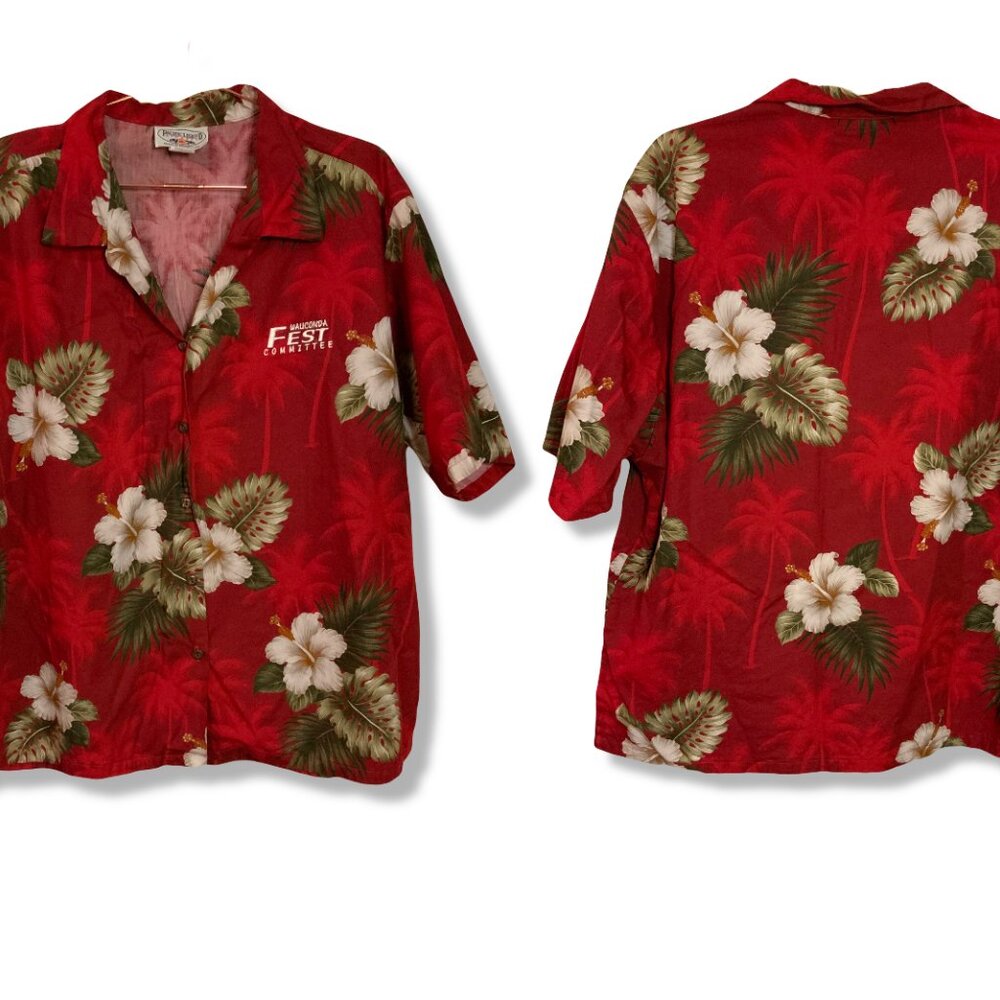 Pacific Legand Hawiian Collar Button Down Pocket Short Sleeve Shirt Men 2XL Red